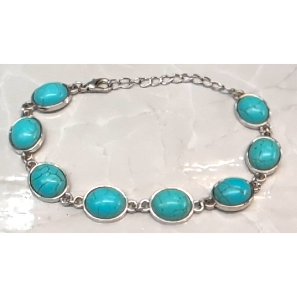 Faux Turquoise Cabochon Link Bracelet Silver Tone Southwestern up to 9" Cowgirl